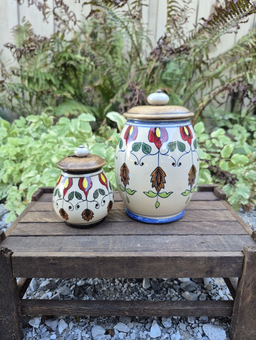 Vintage Pier 1 Hand-Painted Ceramic Canister Jars with Wood Lids - Set of 2